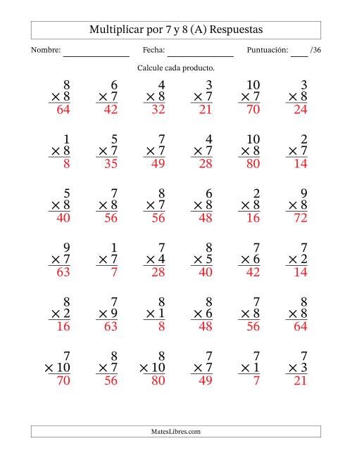 La hoja de ejercicios de Multiplicar (Factores de 1 a 10) por 7 y 8 (36 Preguntas) (A) Página 2