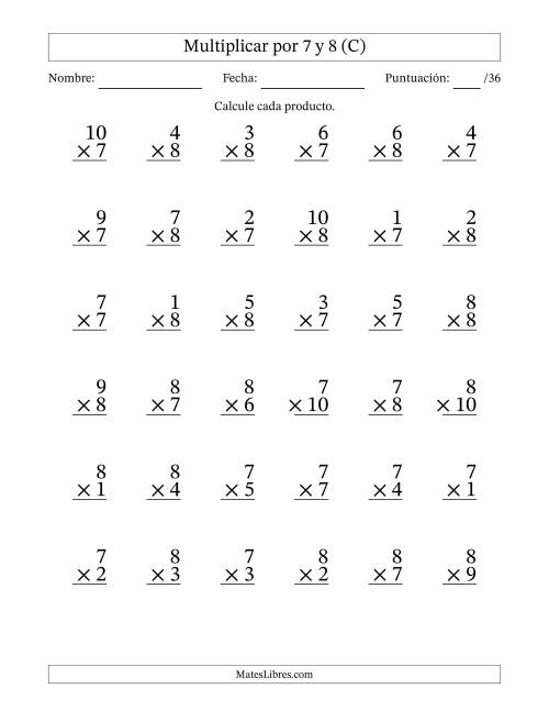 La hoja de ejercicios de Multiplicar (Factores de 1 a 10) por 7 y 8 (36 Preguntas) (C)