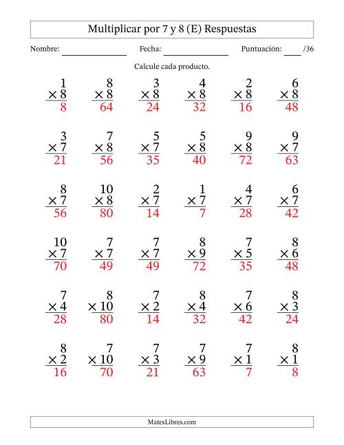 La hoja de ejercicios de Multiplicar (Factores de 1 a 10) por 7 y 8 (36 Preguntas) (E) Página 2