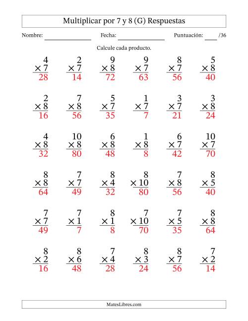 La hoja de ejercicios de Multiplicar (Factores de 1 a 10) por 7 y 8 (36 Preguntas) (G) Página 2