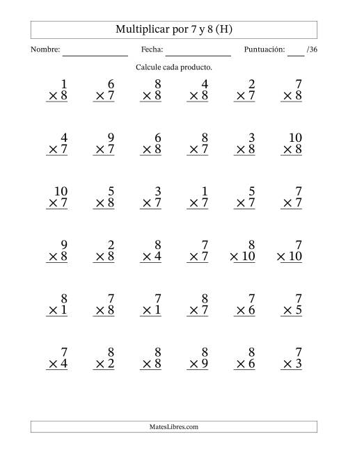 La hoja de ejercicios de Multiplicar (Factores de 1 a 10) por 7 y 8 (36 Preguntas) (H)