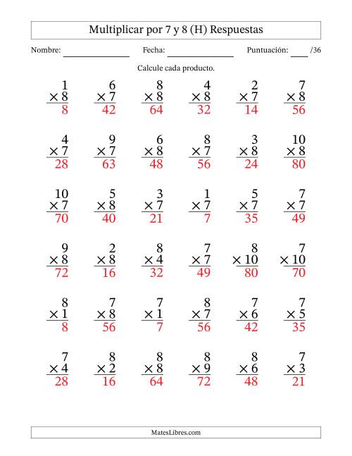 La hoja de ejercicios de Multiplicar (Factores de 1 a 10) por 7 y 8 (36 Preguntas) (H) Página 2