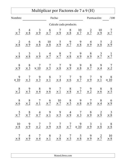 La hoja de ejercicios de Multiplicar (Factores de 1 a 10) por Factores de 7 a 9 (100 Preguntas) (H)