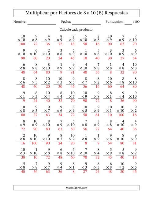La hoja de ejercicios de Multiplicar (Factores de 1 a 10) por Factores de 8 a 10 (100 Preguntas) (B) Página 2