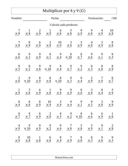 La hoja de ejercicios de Multiplicar (Factores de 1 a 10) por 8 y 9 (100 Preguntas) (G)