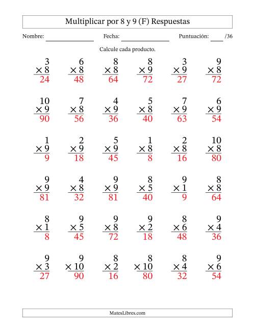 La hoja de ejercicios de Multiplicar (Factores de 1 a 10) por 8 y 9 (36 Preguntas) (F) Página 2