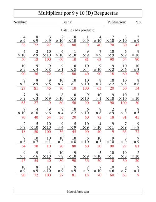 La hoja de ejercicios de Multiplicar (Factores de 1 a 10) por 9 y 10 (100 Preguntas) (D) Página 2