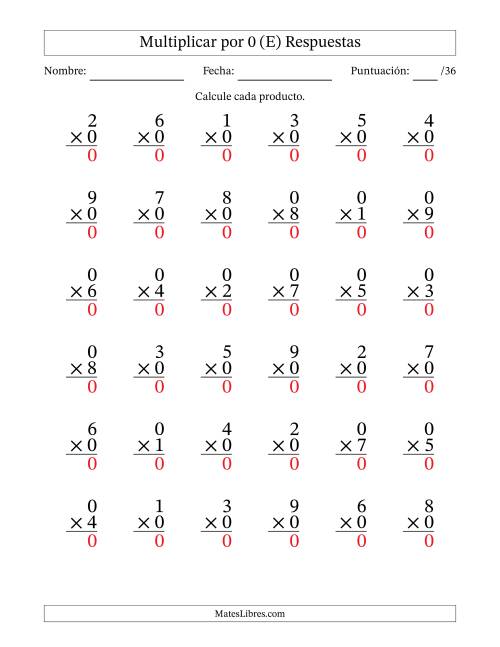 La hoja de ejercicios de Multiplicar (Factores de 1 a 9) por 0 (36 Preguntas) (E) Página 2