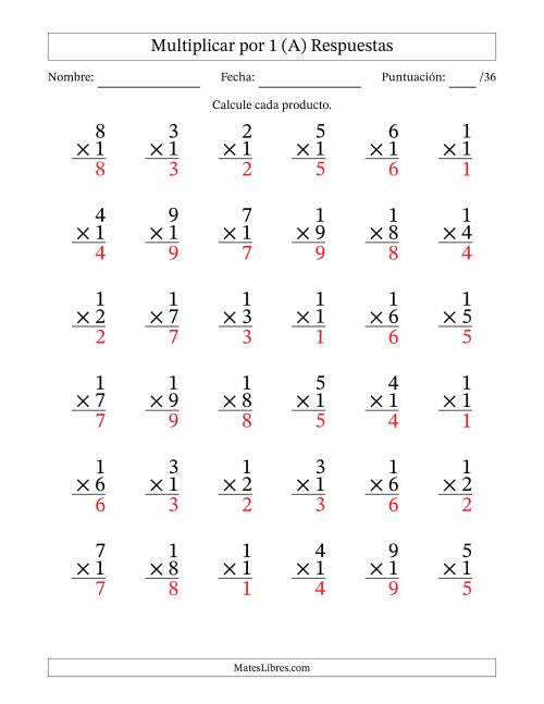 La hoja de ejercicios de Multiplicar (Factores de 1 a 9) por 1 (36 Preguntas) (A) Página 2