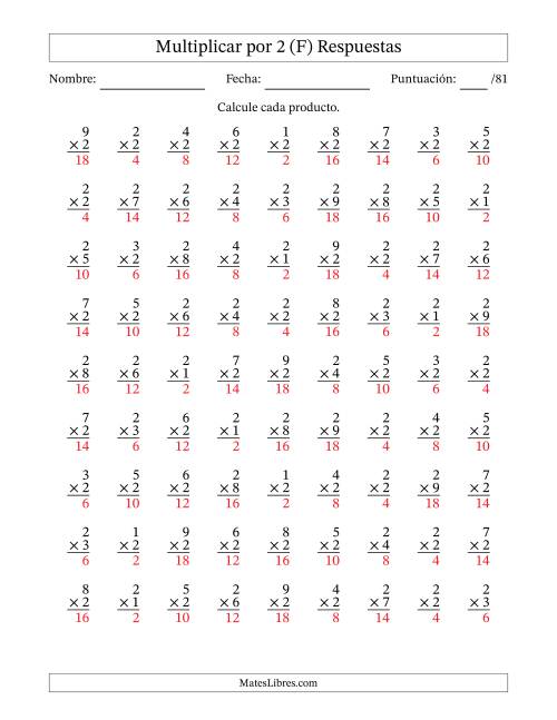 La hoja de ejercicios de Multiplicar (Factores de 1 a 9) por 2 (81 Preguntas) (F) Página 2