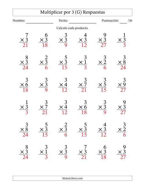 La hoja de ejercicios de Multiplicar (Factores de 1 a 9) por 3 (36 Preguntas) (G) Página 2