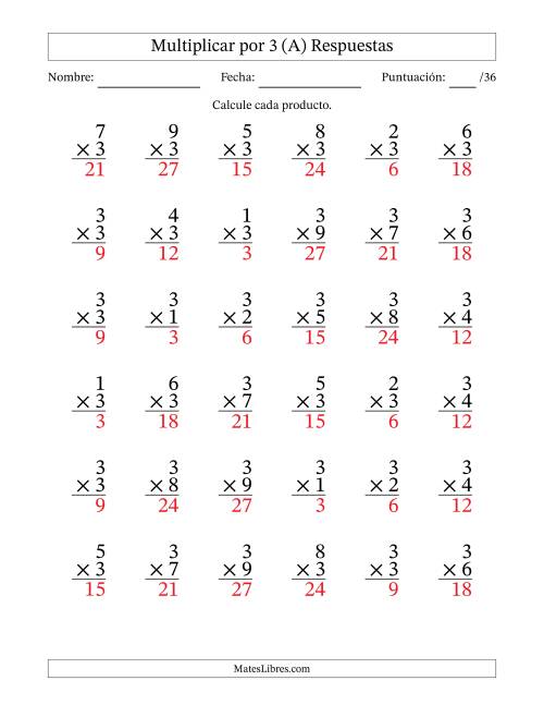 La hoja de ejercicios de Multiplicar (Factores de 1 a 9) por 3 (36 Preguntas) (Todas) Página 2