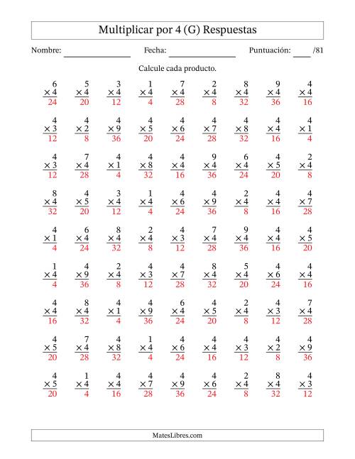 La hoja de ejercicios de Multiplicar (Factores de 1 a 9) por 4 (81 Preguntas) (G) Página 2