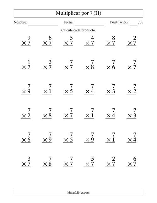 La hoja de ejercicios de Multiplicar (Factores de 1 a 9) por 7 (36 Preguntas) (H)
