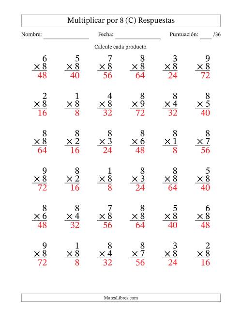 La hoja de ejercicios de Multiplicar (Factores de 1 a 9) por 8 (36 Preguntas) (C) Página 2