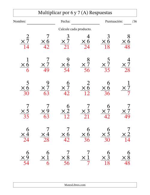 La hoja de ejercicios de Multiplicar (Factores de 1 a 9) por 6 y 7 (36 Preguntas) (A) Página 2