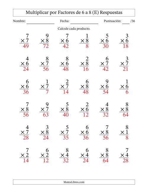 La hoja de ejercicios de Multiplicar (Factores de 1 a 9) por Factores de 6 a 8 (36 Preguntas) (E) Página 2