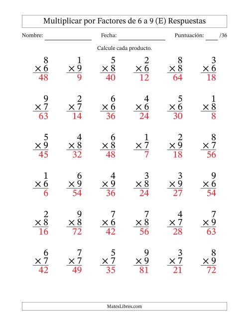 La hoja de ejercicios de Multiplicar (Factores de 1 a 9) por Factores de 6 a 9 (36 Preguntas) (E) Página 2