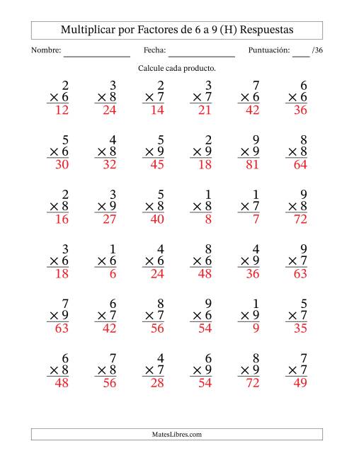 La hoja de ejercicios de Multiplicar (Factores de 1 a 9) por Factores de 6 a 9 (36 Preguntas) (H) Página 2