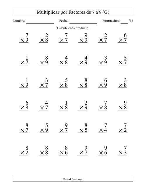 La hoja de ejercicios de Multiplicar (Factores de 1 a 9) por Factores de 7 a 9 (36 Preguntas) (G)
