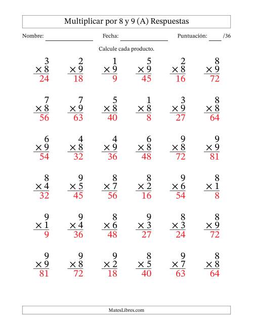 La hoja de ejercicios de Multiplicar (Factores de 1 a 9) por 8 y 9 (36 Preguntas) (Todas) Página 2