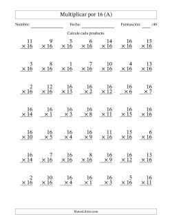 Multiplicar (Factores de 1 a 16) por 16 (49 Preguntas)