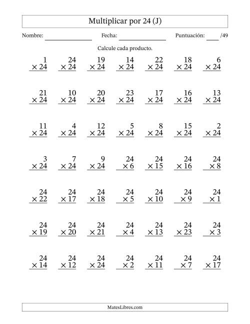 La hoja de ejercicios de Multiplicar (Factores de 1 a 24) por 24 (49 Preguntas) (J)