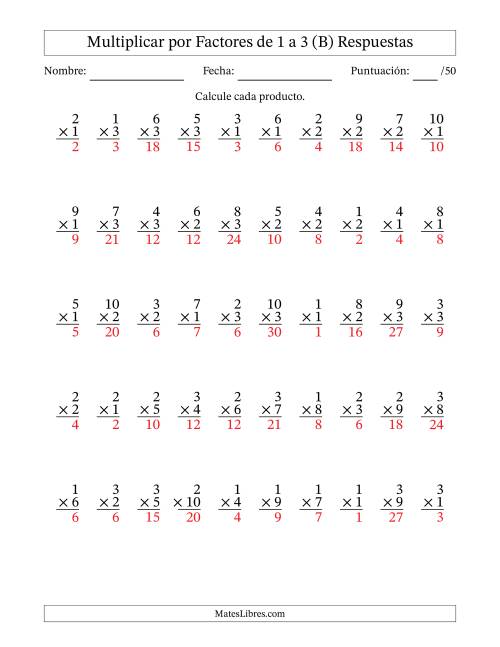La hoja de ejercicios de Multiplicar (Factores de 1 a 10) por Factores de 1 a 3 (50 Preguntas) (B) Página 2