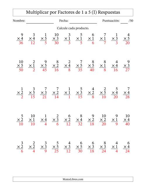 La hoja de ejercicios de Multiplicar (Factores de 1 a 10) por Factores de 1 a 5 (50 Preguntas) (I) Página 2