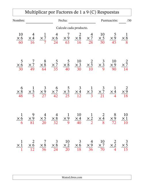 La hoja de ejercicios de Multiplicar (Factores de 1 a 10) por Factores de 1 a 9 (50 Preguntas) (C) Página 2