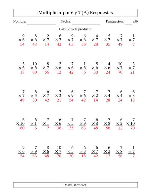 La hoja de ejercicios de Multiplicar (Factores de 1 a 10) por 6 y 7 (50 Preguntas) (Todas) Página 2