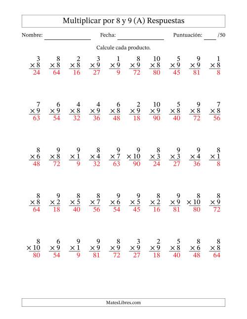 La hoja de ejercicios de Multiplicar (Factores de 1 a 10) por 8 y 9 (50 Preguntas) (Todas) Página 2