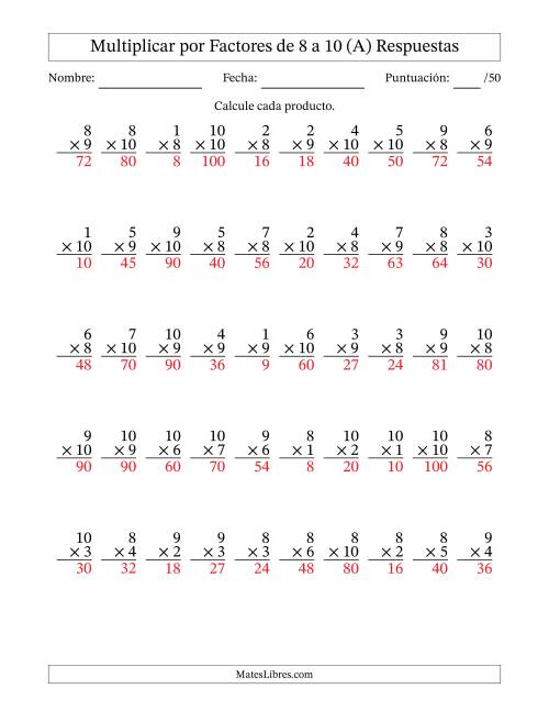 La hoja de ejercicios de Multiplicar (Factores de 1 a 10) por Factores de 8 a 10 (50 Preguntas) (A) Página 2