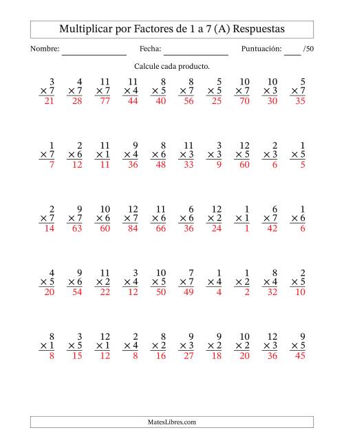 La hoja de ejercicios de Multiplicar (Factores de 1 a 12) por Factores de 1 a 7 (50 Preguntas) (Todas) Página 2