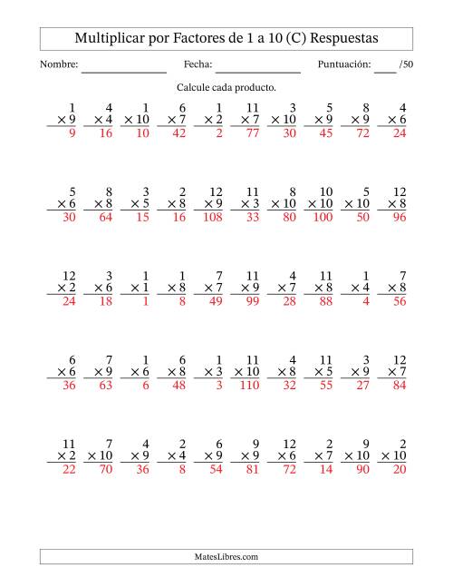 La hoja de ejercicios de Multiplicar (Factores de 1 a 12) por Factores de 1 a 10 (50 Preguntas) (C) Página 2