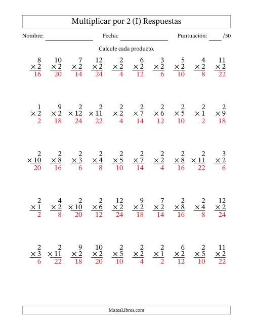 La hoja de ejercicios de Multiplicar (Factores de 1 a 12) por 2 (50 Preguntas) (I) Página 2