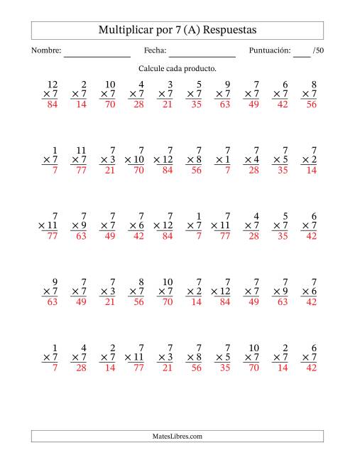 La hoja de ejercicios de Multiplicar (Factores de 1 a 12) por 7 (50 Preguntas) (Todas) Página 2