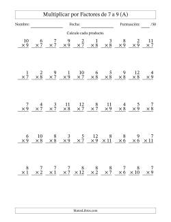 Multiplicar (Factores de 1 a 12) por Factores de 7 a 9 (50 Preguntas)