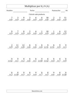 Multiplicar (Factores de 1 a 12) por 8 y 9 (50 Preguntas)