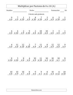 Multiplicar (Factores de 1 a 12) por Factores de 8 a 10 (50 Preguntas)