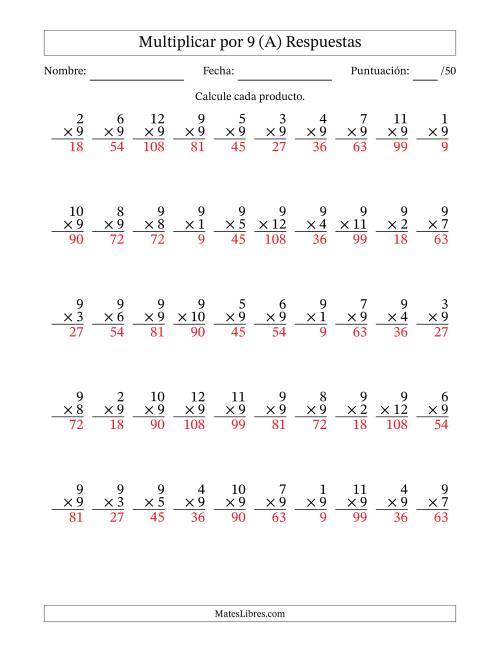 La hoja de ejercicios de Multiplicar (Factores de 1 a 12) por 9 (50 Preguntas) (A) Página 2