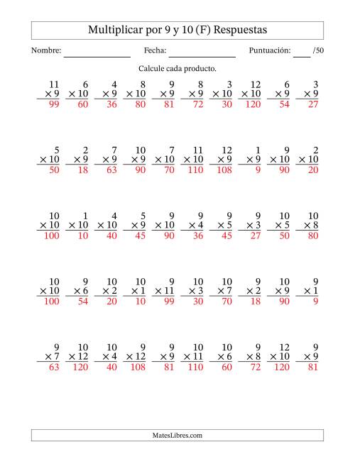 La hoja de ejercicios de Multiplicar (Factores de 1 a 12) por 9 y 10 (50 Preguntas) (F) Página 2