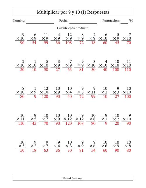 La hoja de ejercicios de Multiplicar (Factores de 1 a 12) por 9 y 10 (50 Preguntas) (I) Página 2