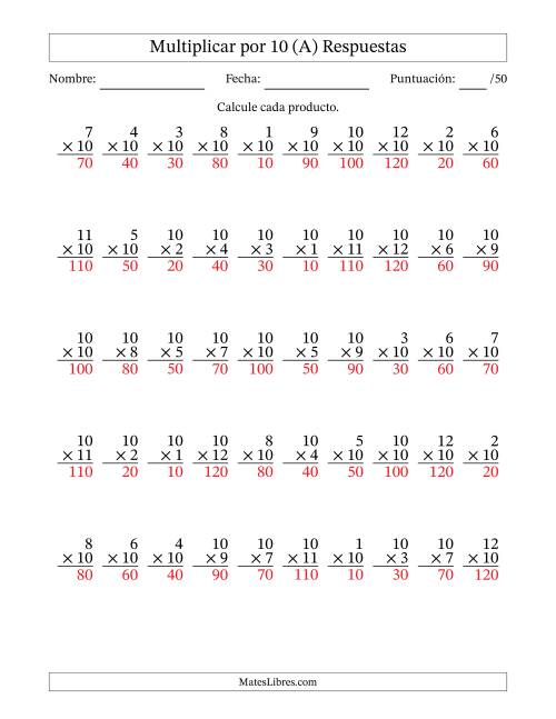 La hoja de ejercicios de Multiplicar (Factores de 1 a 12) por 10 (50 Preguntas) (Todas) Página 2