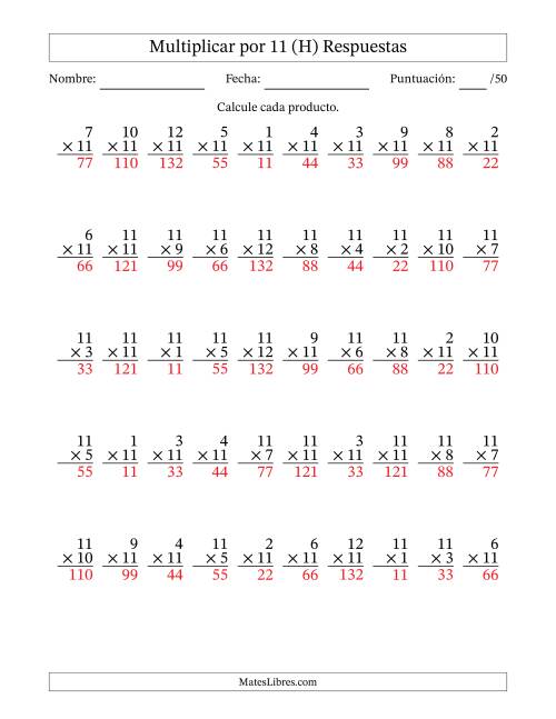 La hoja de ejercicios de Multiplicar (Factores de 1 a 12) por 11 (50 Preguntas) (H) Página 2