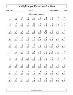 Multiplicar (Factores de 1 a 10) por Factores de 1 a 4 (100 Preguntas)