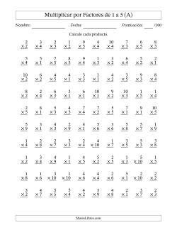 Multiplicar (Factores de 1 a 10) por Factores de 1 a 5 (100 Preguntas)