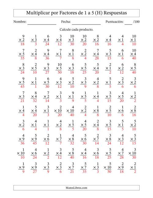 La hoja de ejercicios de Multiplicar (Factores de 1 a 10) por Factores de 1 a 5 (100 Preguntas) (H) Página 2