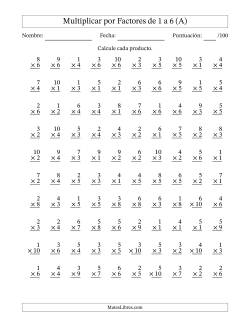 Multiplicar (Factores de 1 a 10) por Factores de 1 a 6 (100 Preguntas)