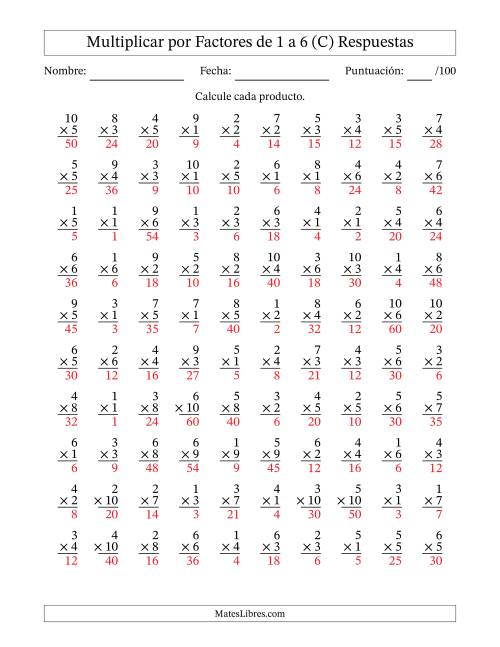 La hoja de ejercicios de Multiplicar (Factores de 1 a 10) por Factores de 1 a 6 (100 Preguntas) (C) Página 2